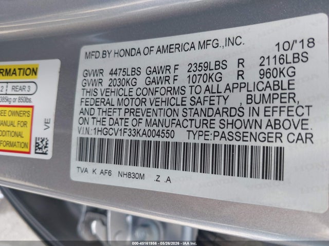 Продажа на аукционе авто 2019 Honda Accord Sport, vin: 1HGCV1F33KA004550, номер лота: 45161956