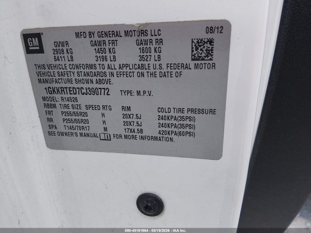 45161964 :رقم المزاد ، 1GKKRTED7CJ390772 vin ، 2012 Gmc Acadia Denali مزاد بيع
