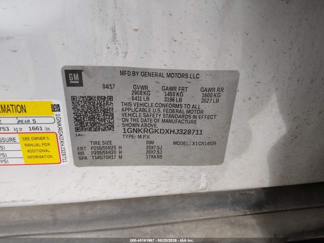 Продаж на аукціоні авто 2017 Chevrolet Traverse 1lt, vin: 1GNKRGKDXHJ328711, номер лоту: 45161967