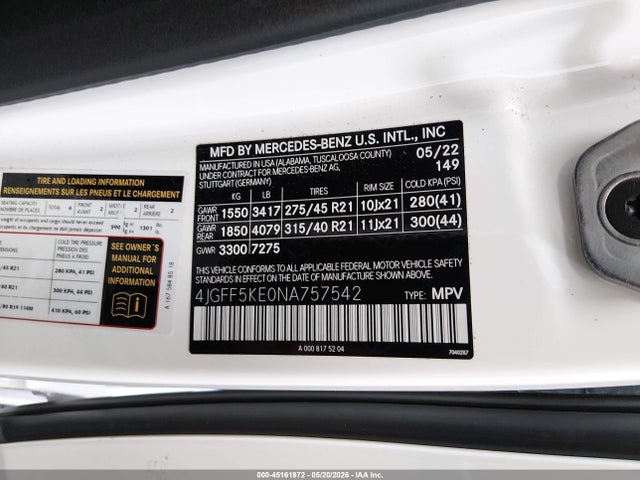 Aukcja sprzedaży 2022 Mercedes-benz Gls 450 4matic, vin: 4JGFF5KE0NA757542, numer aukcji: 45161972