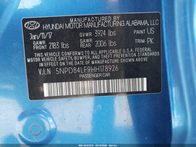 Продаж на аукціоні авто 2017 Hyundai Elantra Limited, vin: 5NPD84LF9HH178926, номер лоту: 45161978