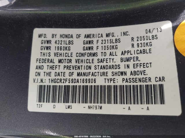 2013 Honda Accord Sport მანქანა იყიდება აუქციონზე, vin: 1HGCR2F59DA169906, აუქციონის ნომერი: 45161998