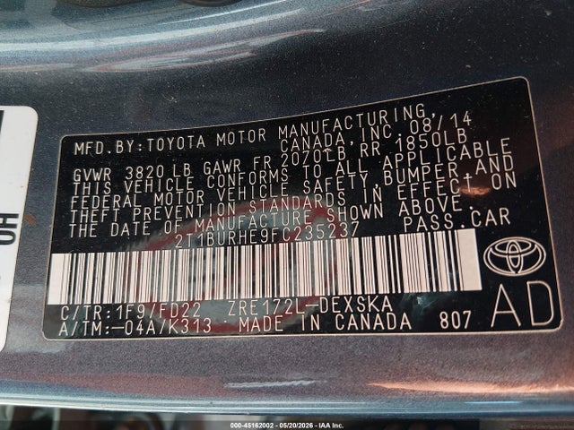 45162002 :رقم المزاد ، 2T1BURHE9FC235237 vin ، 2015 Toyota Corolla S Plus مزاد بيع