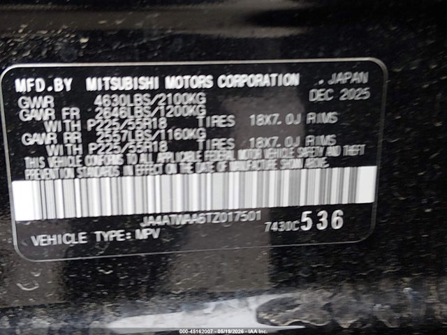 45162007 :رقم المزاد ، JA4ATWAA6TZ017501 vin ، 2026 Mitsubishi Eclipse Cross Black Edition S-awc/se S-awc/sel S-awc مزاد بيع