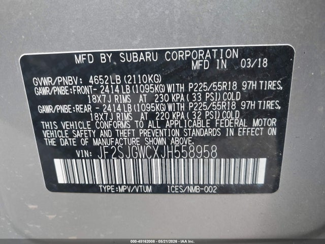 Aukcja sprzedaży 2018 Subaru Forester 2.0xt Touring, vin: JF2SJGWCXJH558958, numer aukcji: 45162008