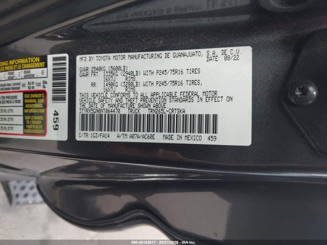Продаж на аукціоні авто 2022 Toyota Tacoma Sr, vin: 3TYRX5GN0NT064470, номер лоту: 45162017