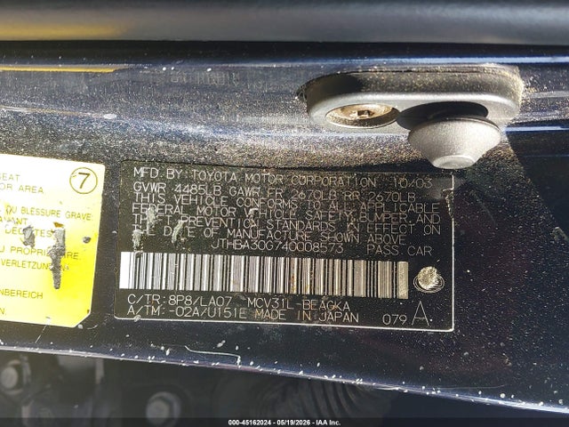 Aukcja sprzedaży 2004 Lexus Es 330, vin: JTHBA30G740008573, numer aukcji: 45162024