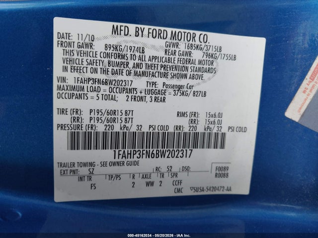 45162034 :رقم المزاد ، 1FAHP3FN6BW202317 vin ، 2011 Ford Focus Se مزاد بيع