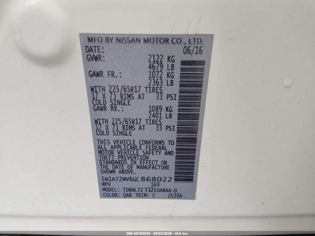 45162035 :رقم المزاد ، 5N1AT2MV6GC868022 vin ، 2016 Nissan Rogue Sv مزاد بيع