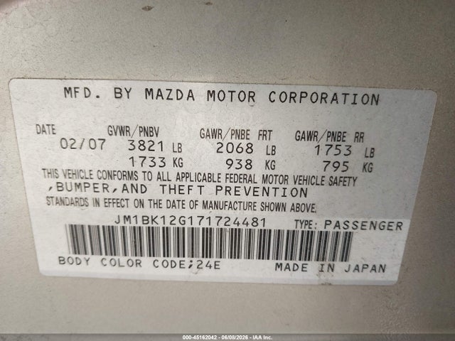 Продажа на аукционе авто 2007 Mazda Mazda3 I, vin: JM1BK12G171724481, номер лота: 45162042
