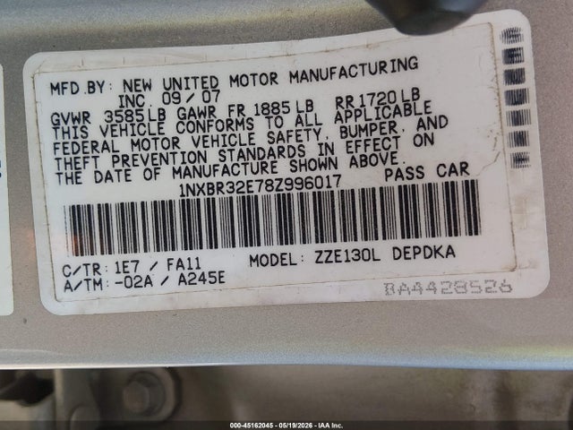 Aukcja sprzedaży 2008 Toyota Corolla Ce, vin: 1NXBR32E78Z996017, numer aukcji: 45162045