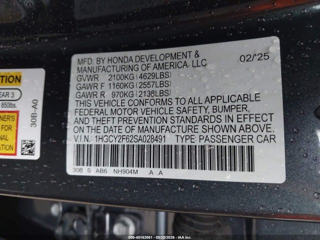 45162061 :رقم المزاد ، 1HGCY2F62SA028491 vin ، 2025 Honda Accord Hybrid Ex-l مزاد بيع