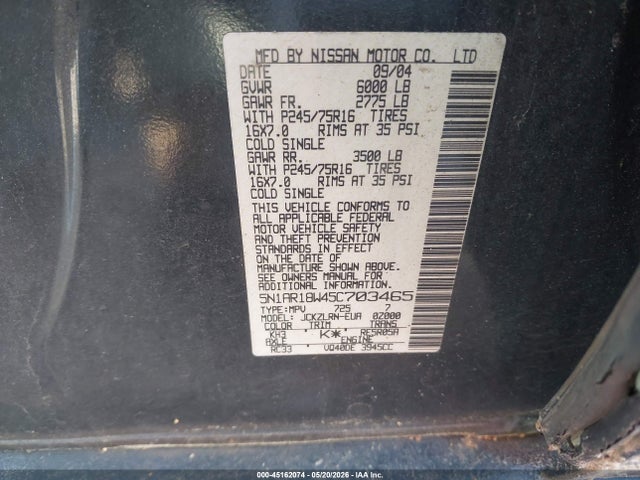 45162074 :رقم المزاد ، 5N1AR18W45C703465 vin ، 2005 Nissan Pathfinder Xe مزاد بيع