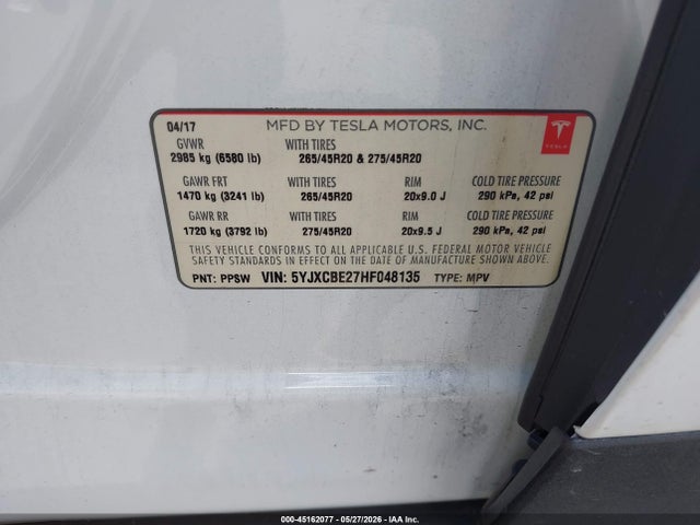 Aukcja sprzedaży 2017 Tesla Model X 100d/75d/90d, vin: 5YJXCBE27HF048135, numer aukcji: 45162077