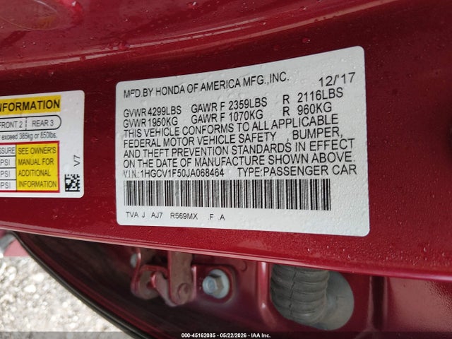 Продажа на аукционе авто 2018 Honda Accord Ex-l, vin: 1HGCV1F50JA068464, номер лота: 45162085