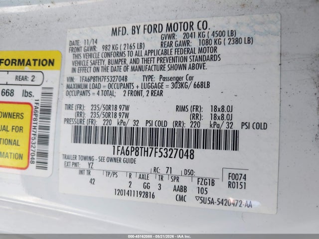 Продажа на аукционе авто 2015 Ford Mustang Ecoboost, vin: 1FA6P8TH7F5327048, номер лота: 45162088