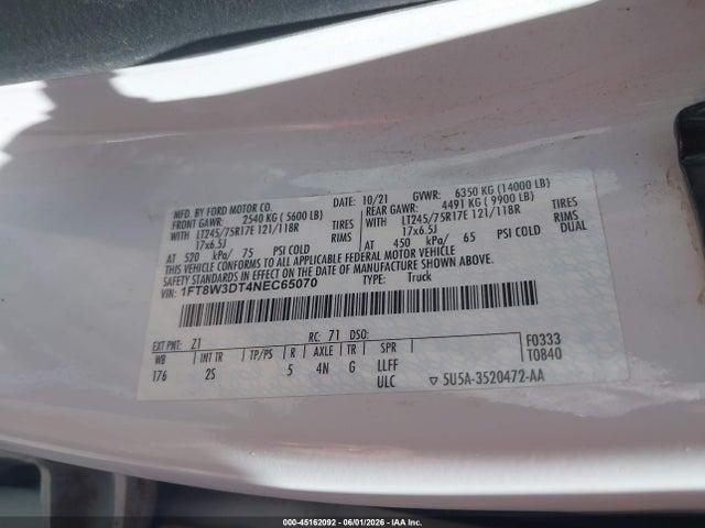 2022 Ford F-350 Xlt მანქანა იყიდება აუქციონზე, vin: 1FT8W3DT4NEC65070, აუქციონის ნომერი: 45162092