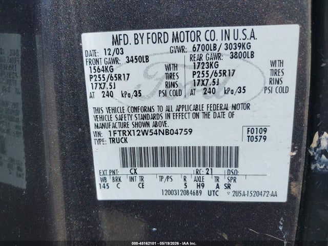 Продажа на аукционе авто 2004 Ford F-150 Stx/xl/xlt, vin: 1FTRX12W54NB04759, номер лота: 45162101