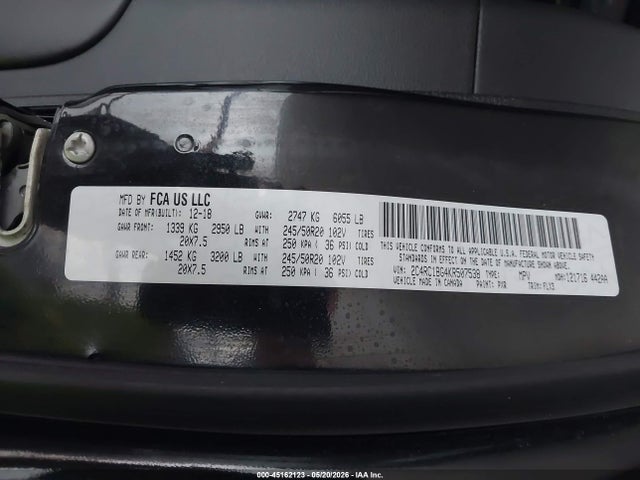 45162123 :رقم المزاد ، 2C4RC1BG4KR507538 vin ، 2019 Chrysler Pacifica Touring L مزاد بيع