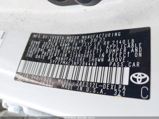 Aukcja sprzedaży 2022 Toyota Corolla Le, vin: 5YFEPMAE3NP284448, numer aukcji: 45162122