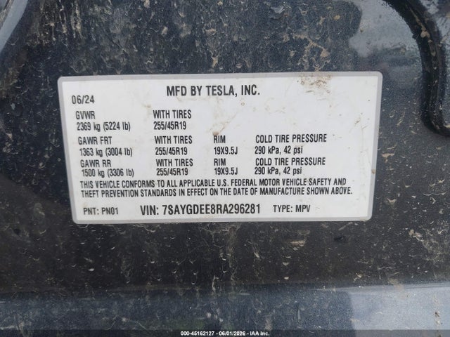 45162127 :رقم المزاد ، 7SAYGDEE8RA296281 vin ، 2024 Tesla Model Y Long Range Dual Motor All-wheel Drive مزاد بيع