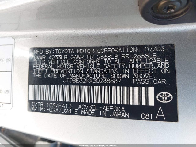 Продаж на аукціоні авто 2003 Toyota Camry Xle, vin: JTDBE32KX30238887, номер лоту: 45162146
