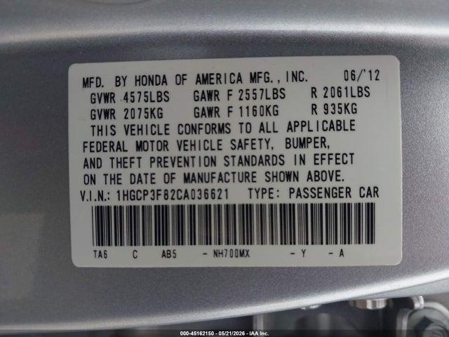 2012 Honda Accord 3.5 Ex-l მანქანა იყიდება აუქციონზე, vin: 1HGCP3F82CA036621, აუქციონის ნომერი: 45162150