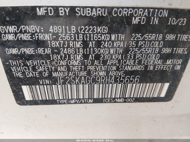 2024 Subaru Forester Sport მანქანა იყიდება აუქციონზე, vin: JF2SKAGC9RH435656, აუქციონის ნომერი: 45162155