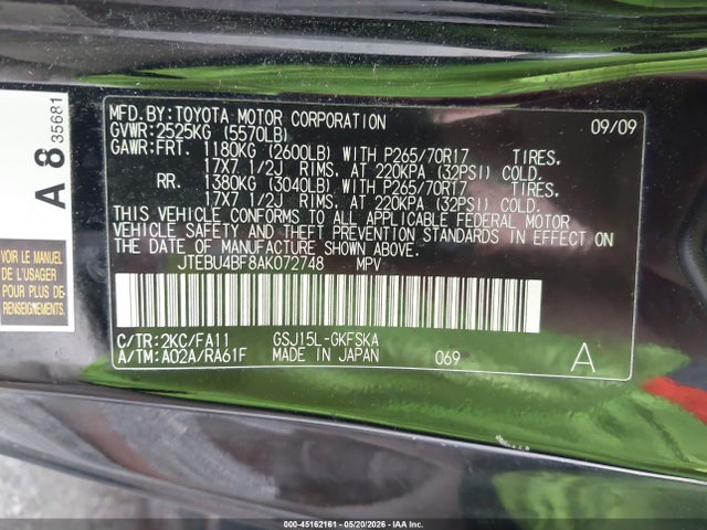 Aukcja sprzedaży 2010 Toyota Fj Cruiser, vin: JTEBU4BF8AK072748, numer aukcji: 45162161