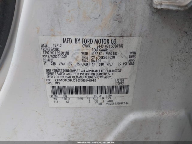 45162181 :رقم المزاد ، 2FMDK3KC9DBB64545 vin ، 2013 Ford Edge Limited مزاد بيع