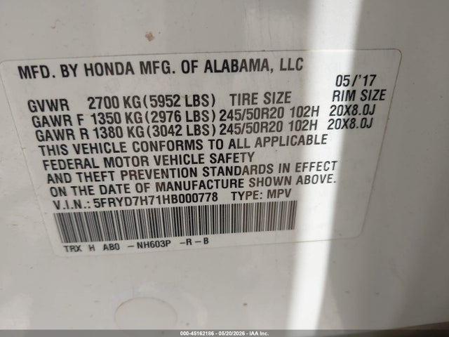 45162186 :رقم المزاد ، 5FRYD7H71HB000778 vin ، 2017 Acura Mdx Sport Hybrid Advance Package مزاد بيع