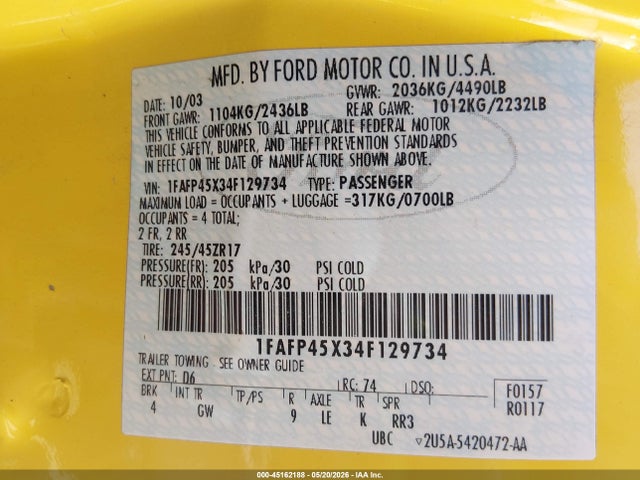 Aukcja sprzedaży 2004 Ford Mustang Gt, vin: 1FAFP45X34F129734, numer aukcji: 45162188