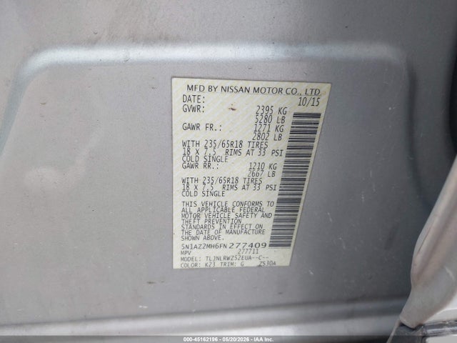 Продаж на аукціоні авто 2015 Nissan Murano Sl, vin: 5N1AZ2MH6FN277409, номер лоту: 45162196