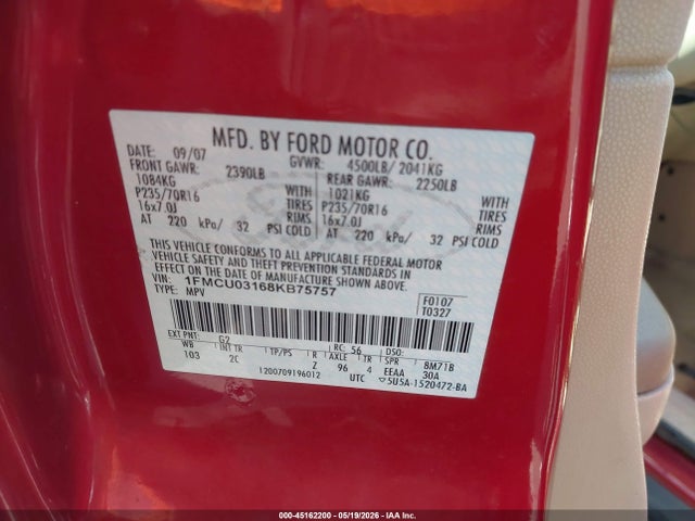 45162200 :رقم المزاد ، 1FMCU03168KB75757 vin ، 2008 Ford Escape Xlt مزاد بيع