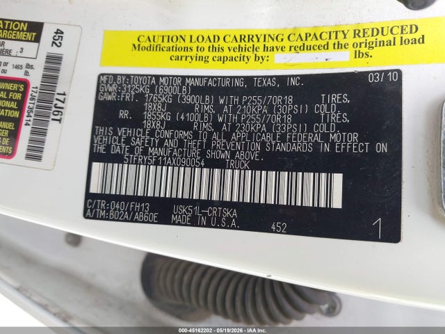 Продаж на аукціоні авто 2010 Toyota Tundra Grade 5.7l V8, vin: 5TFRY5F11AX090054, номер лоту: 45162202