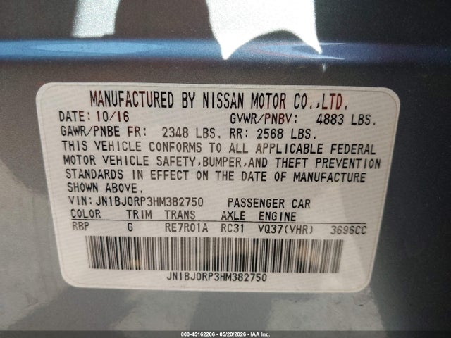 2017 Infiniti Qx50 მანქანა იყიდება აუქციონზე, vin: JN1BJ0RP3HM382750, აუქციონის ნომერი: 45162206