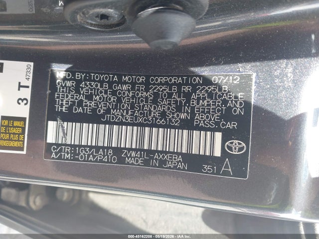 2012 Toyota Prius V Five მანქანა იყიდება აუქციონზე, vin: JTDZN3EUXC3166132, აუქციონის ნომერი: 45162208
