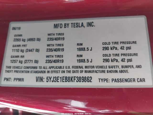 2019 Tesla Model 3 Long Range/performance მანქანა იყიდება აუქციონზე, vin: 5YJ3E1EB8KF389862, აუქციონის ნომერი: 45162215