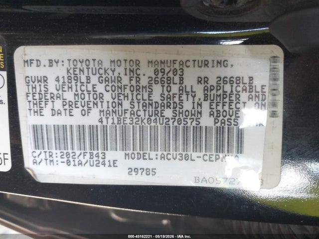 Aukcja sprzedaży 2004 Toyota Camry Le, vin: 4T1BE32K04U270575, numer aukcji: 45162221