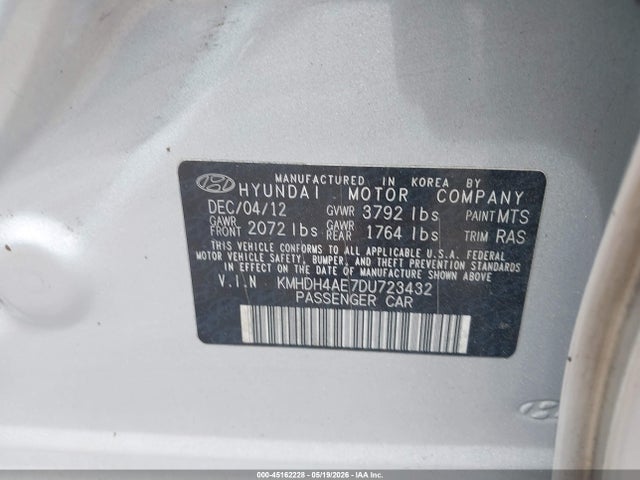 45162228 :رقم المزاد ، KMHDH4AE7DU723432 vin ، 2013 Hyundai Elantra Gls مزاد بيع