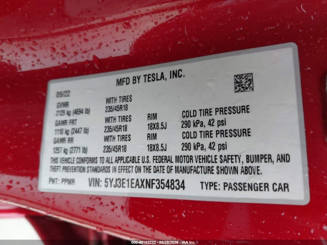 Tesla Model 3 Rear-wheel Drive 2022 5YJ3E1EAXNF354834 Image 9