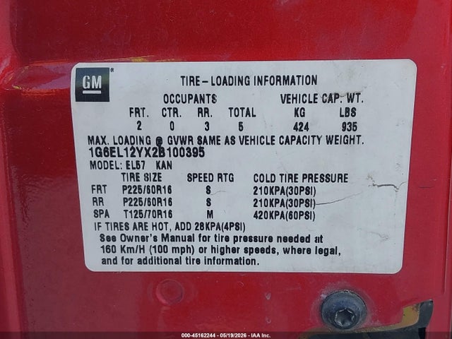 Продаж на аукціоні авто 2002 Cadillac Eldorado Esc, vin: 1G6EL12YX2B100395, номер лоту: 45162244