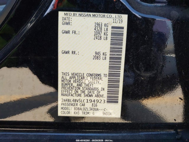 45162261 :رقم المزاد ، 1N4BL4BV5LC194923 vin ، 2020 Nissan Altima S Fwd مزاد بيع