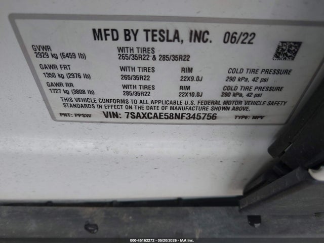 Продажа на аукционе авто 2022 Tesla Model X Dual Motor All-wheel Drive, vin: 7SAXCAE58NF345756, номер лота: 45162272