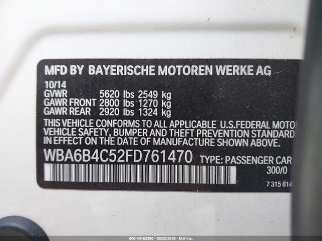45162280 :رقم المزاد ، WBA6B4C52FD761470 vin ، 2015 Bmw 650i Gran Coupe Xdrive مزاد بيع