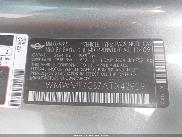 Продаж на аукціоні авто 2010 Mini Cooper S, vin: WMWMF7C57ATX42909, номер лоту: 45162285