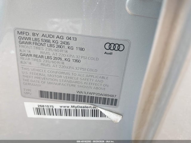 45162292 :رقم المزاد ، WA1LFAFP2DA089487 vin ، 2013 Audi Q5 2.0t Premium مزاد بيع