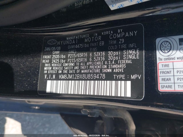 Продажа на аукционе авто 2008 Hyundai Tucson Gls, vin: KM8JM12BX8U859478, номер лота: 45162302