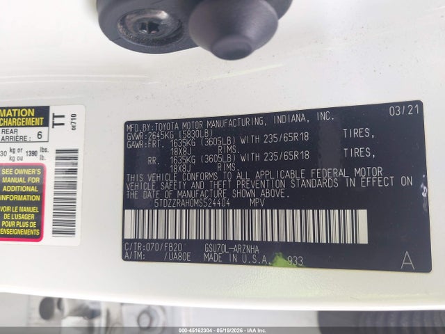 Aukcja sprzedaży 2021 Toyota Highlander Le, vin: 5TDZZRAH0MS524404, numer aukcji: 45162304