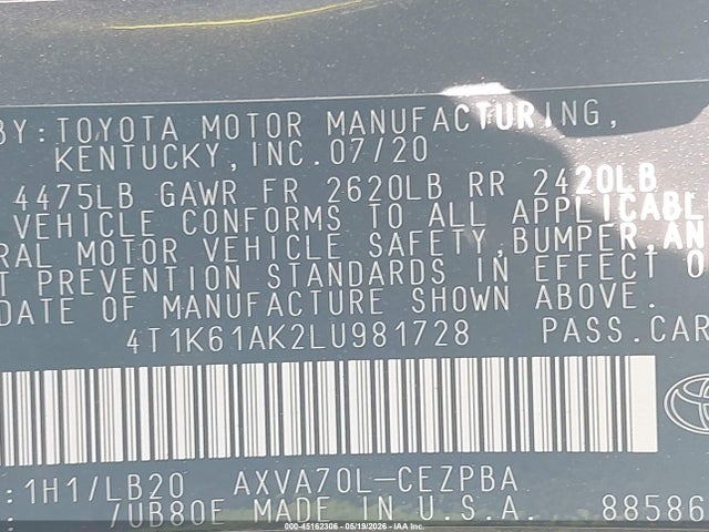 Продаж на аукціоні авто 2020 Toyota Camry Xse, vin: 4T1K61AK2LU981728, номер лоту: 45162306